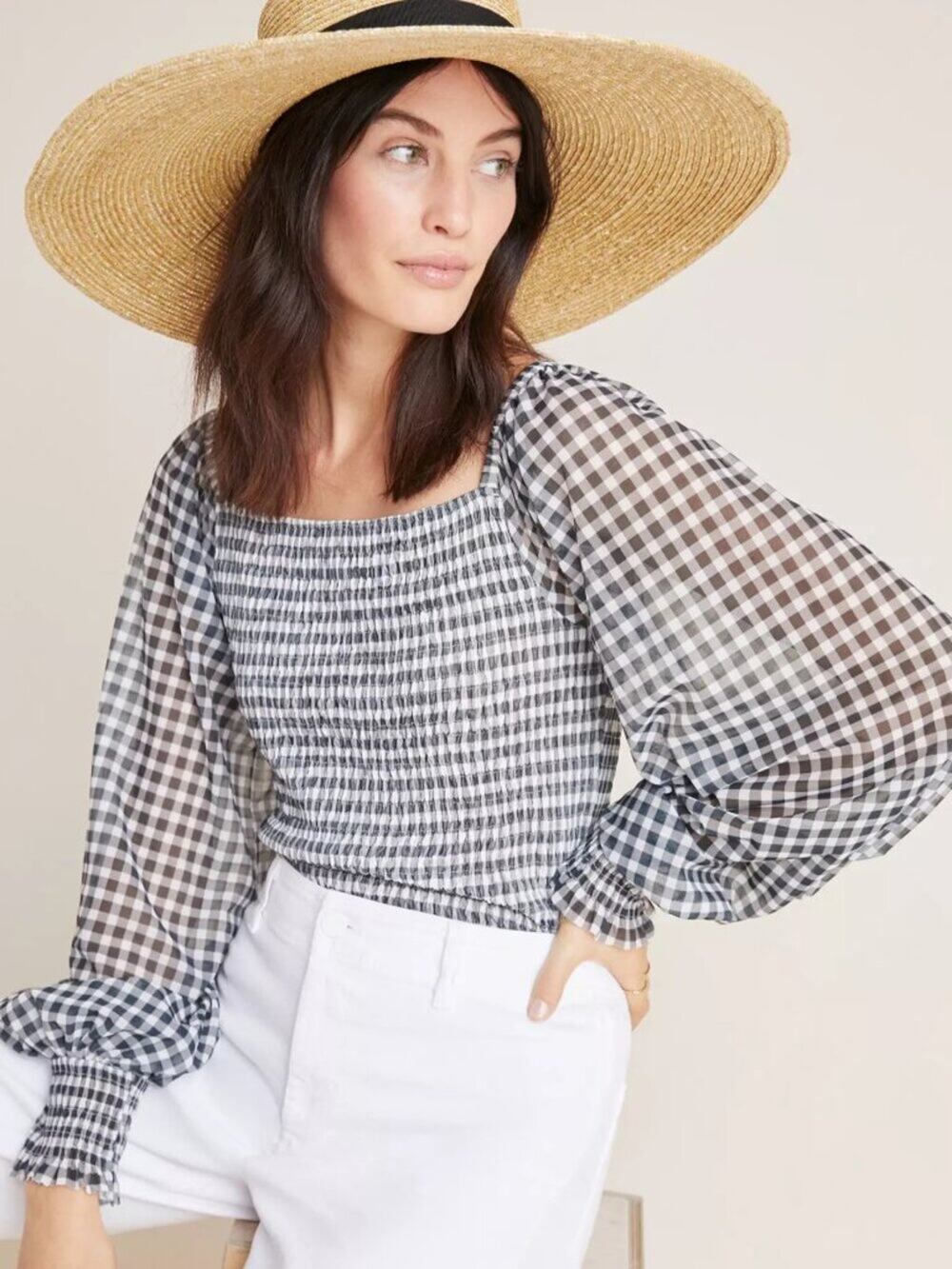 By Anthropologie Rouen Black White Gingham Smocked Square Neck Top M